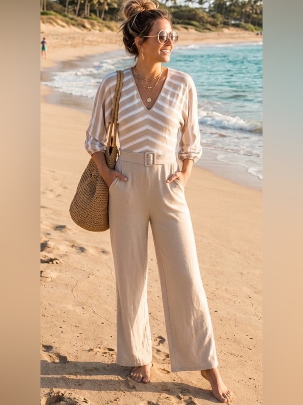Stefanel Beige and White Striped Jumpsuit